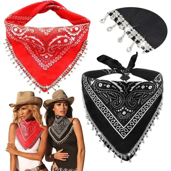 Cowgirl Bandanas Polyester Rhinestone Tassel Headscarf for Parties